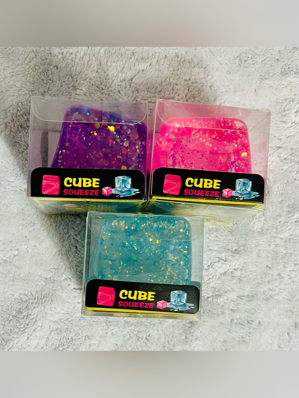 Squeeze Glitter Cube Squishy Trio - Purple, Pink, Blue